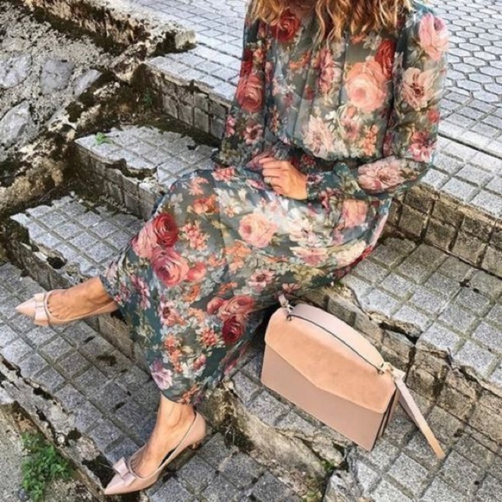 NWT Zara Green and Pink Floral Midi Dress - Picture 6 of 8
